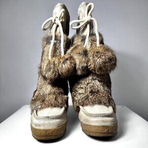 COACH Maryann Tan Suede & Rabbit Fur Beaded Platform Boots with Pom Pom 7.5